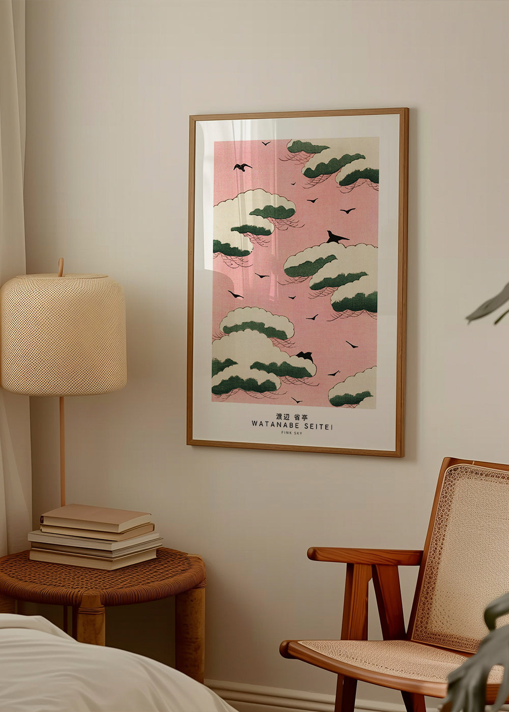 Japansk illustration rosa himmel med skyer og fugle