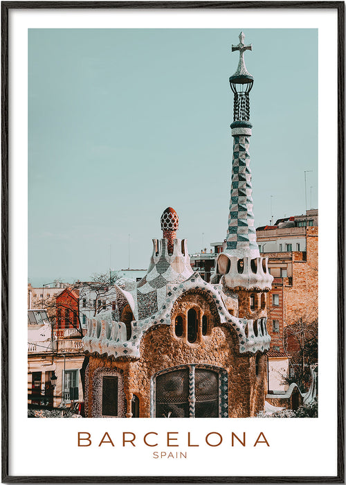 Rejseplakat Barcelona: modernistisk facade tæt på