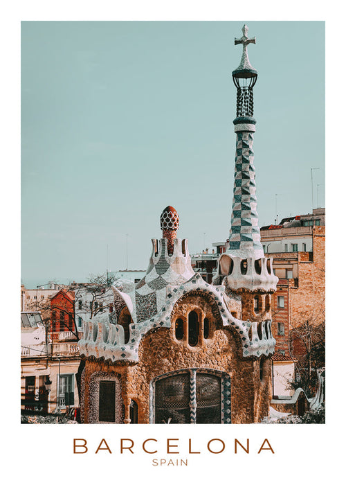 Rejseplakat Barcelona: modernistisk facade tæt på