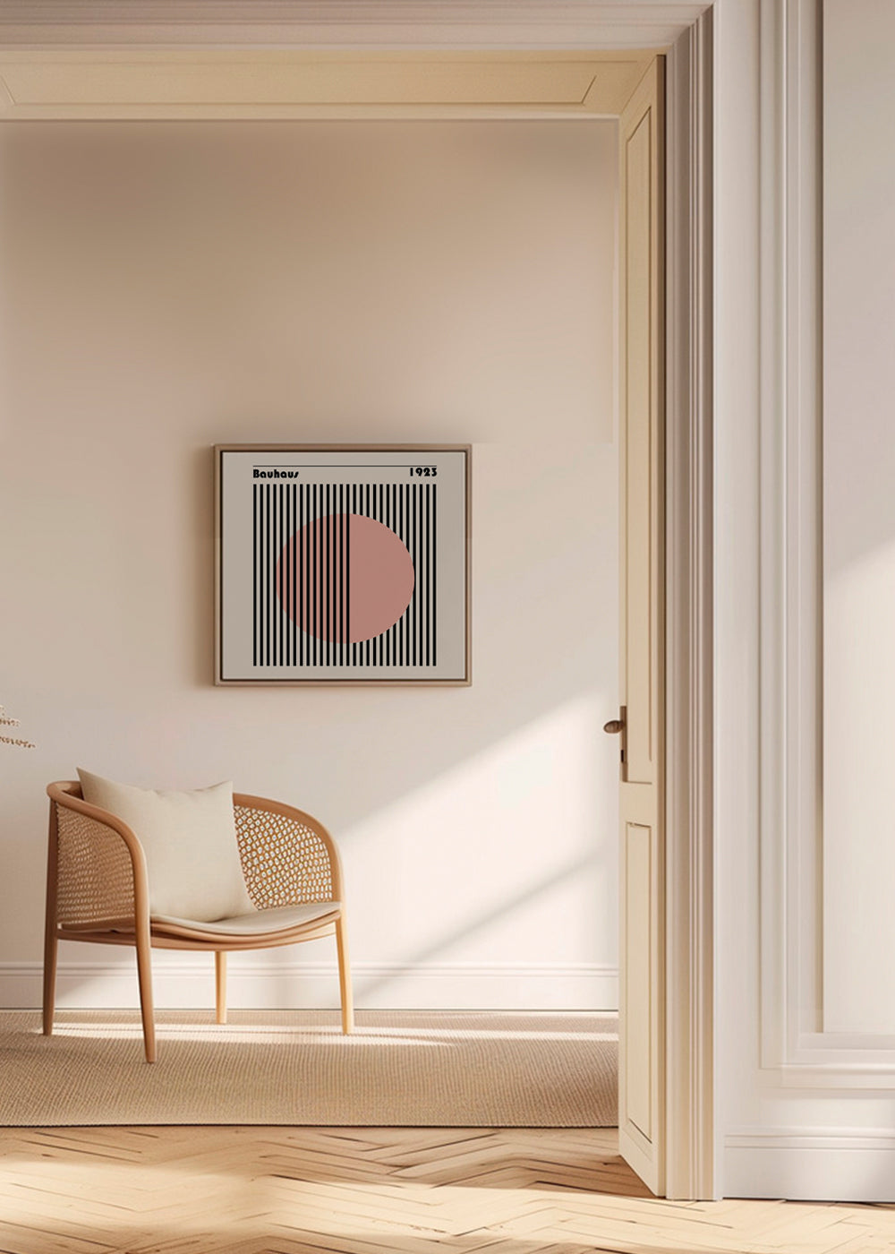 Geometrisk plakat Bauhaus rosa cirkel og striber