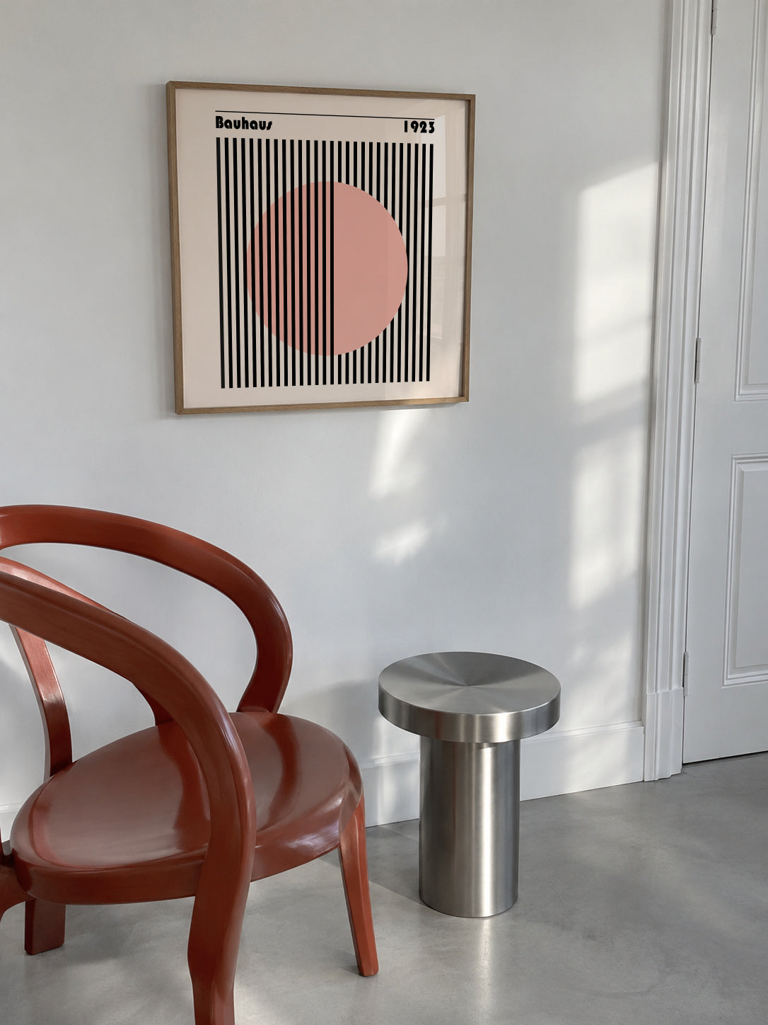 Bauhaus Pink Circle II - Framed poster in an interior