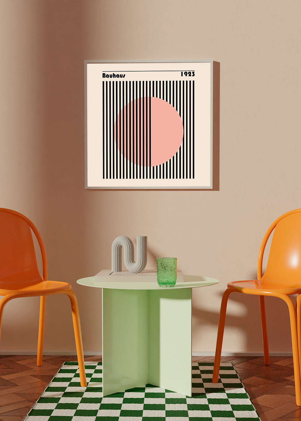 Geometrisk plakat Bauhaus rosa cirkel og striber