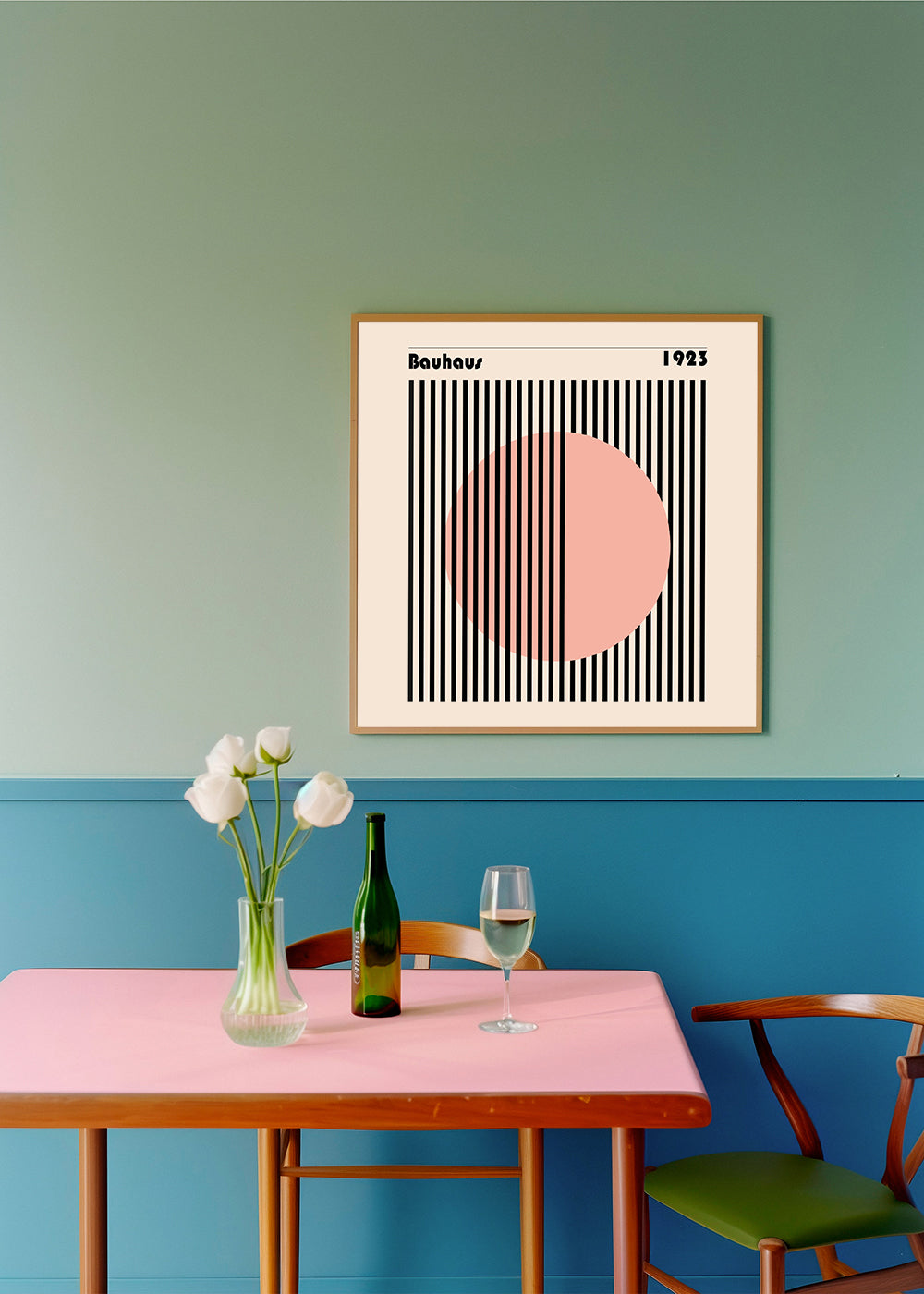 Geometrisk plakat Bauhaus rosa cirkel og striber