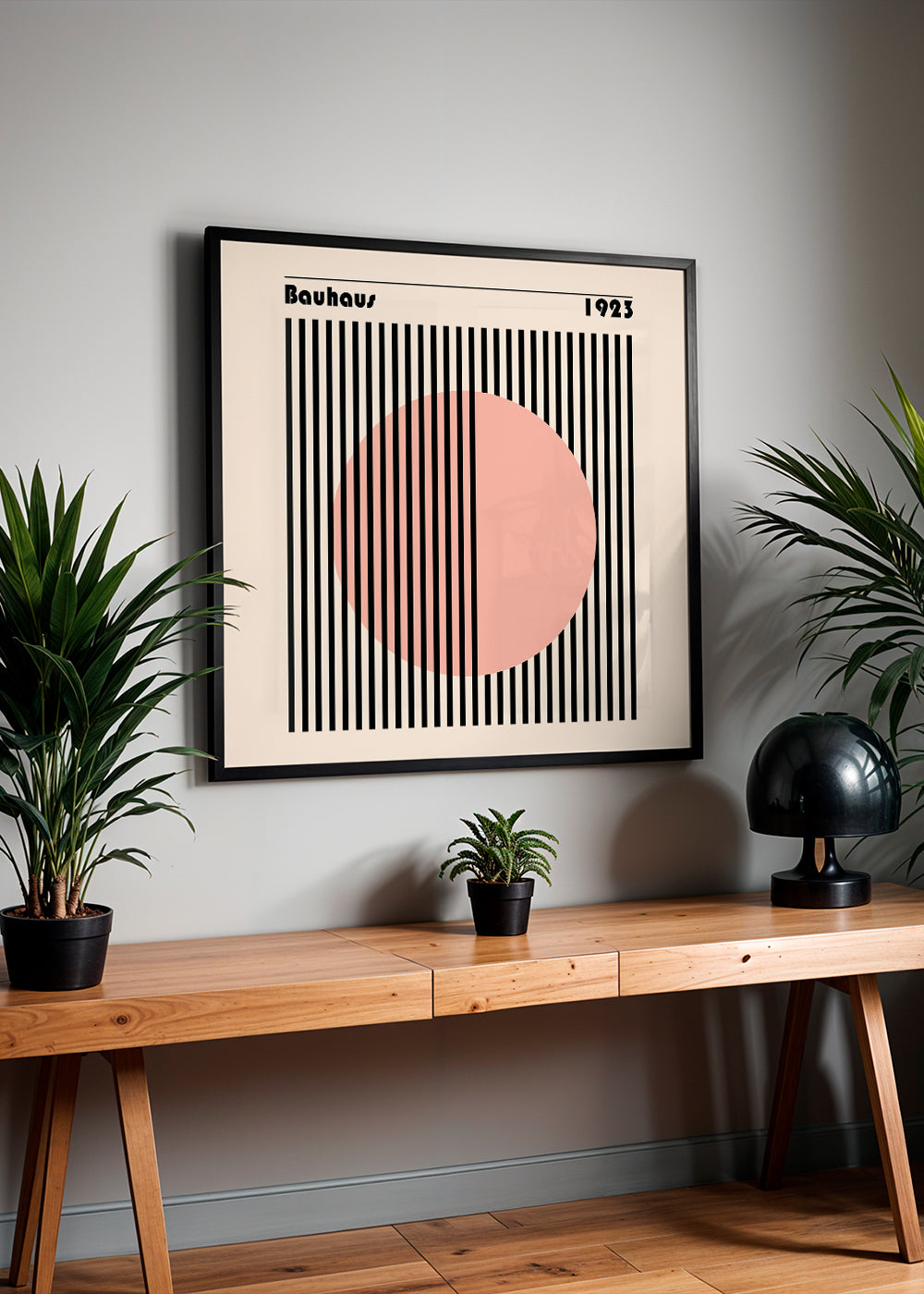 Geometrisk plakat Bauhaus rosa cirkel og striber