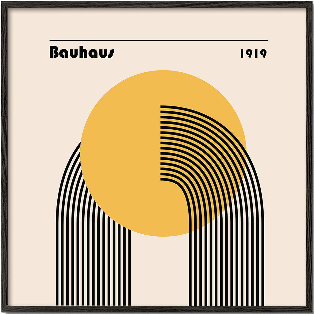 Geometrisk plakat Bauhaus gul sol og buer