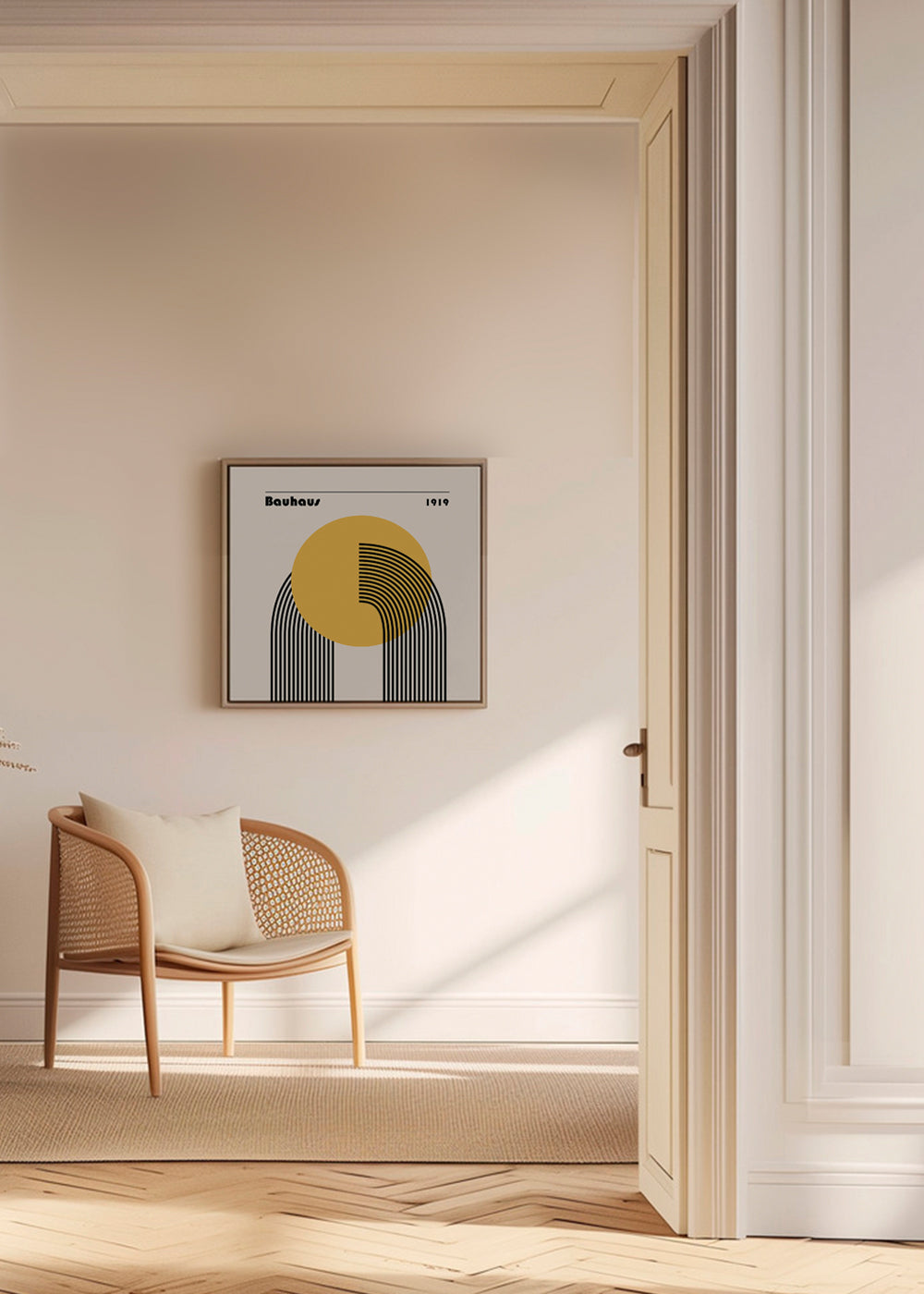 Geometrisk plakat Bauhaus gul sol og buer