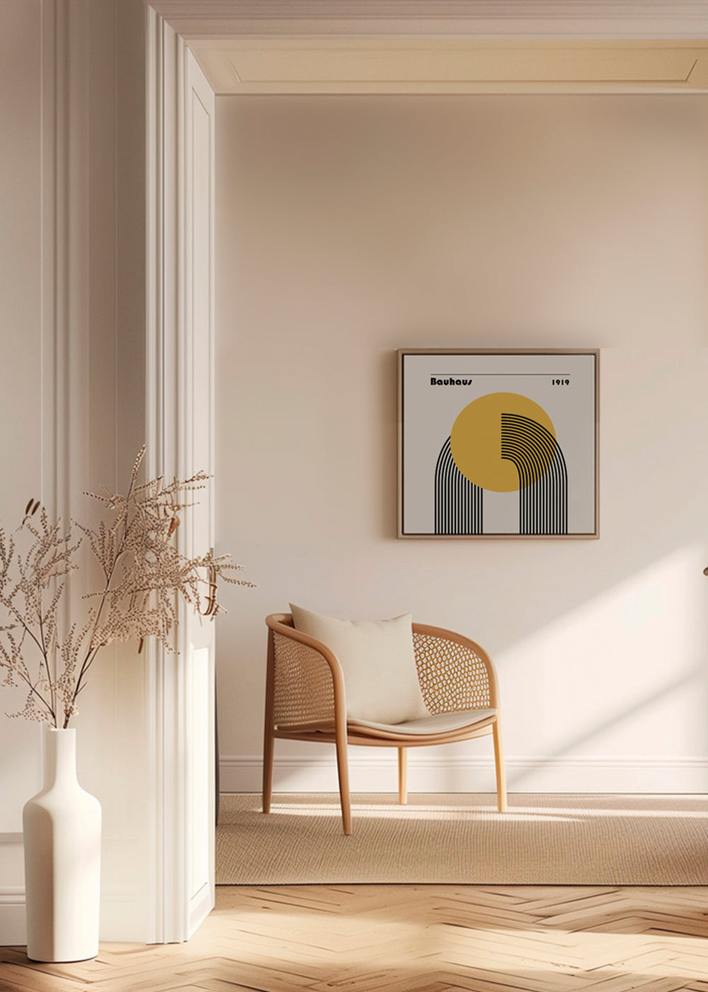 Geometrisk plakat Bauhaus gul sol og buer