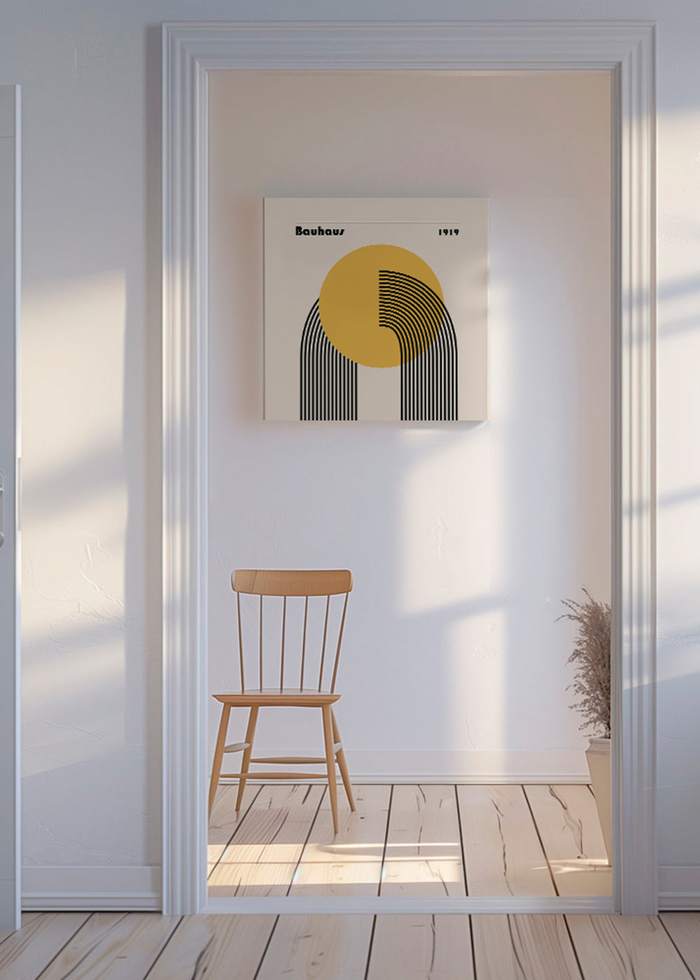 Geometrisk plakat Bauhaus gul sol og buer