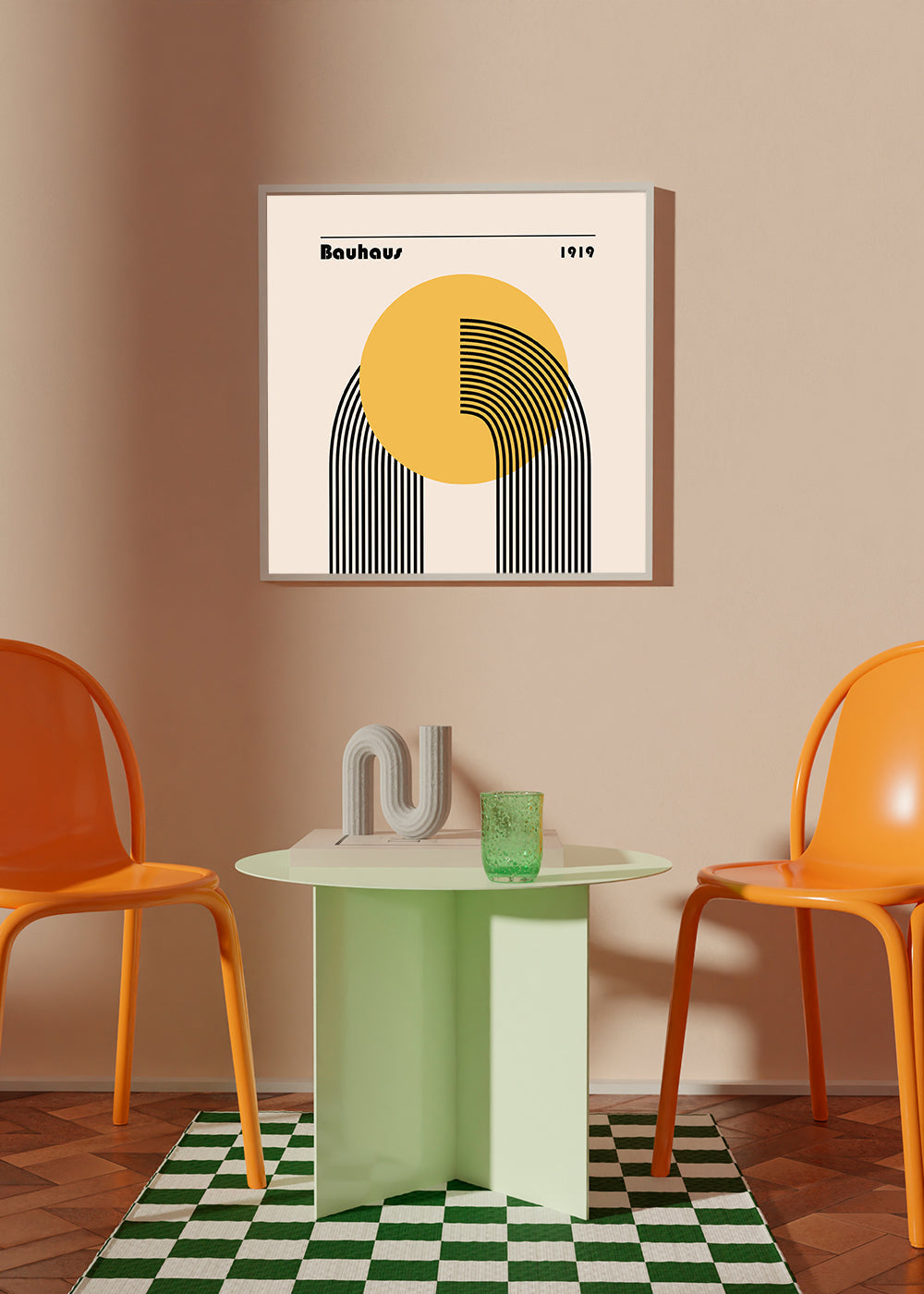 Geometrisk plakat Bauhaus gul sol og buer