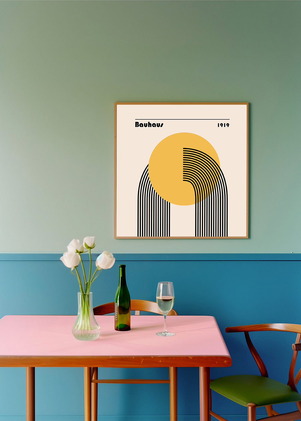 Geometrisk plakat Bauhaus gul sol og buer