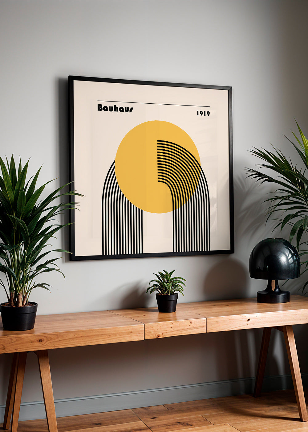 Geometrisk plakat Bauhaus gul sol og buer