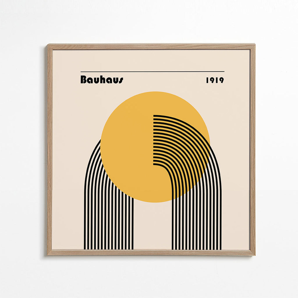 Geometrisk plakat Bauhaus gul sol og buer