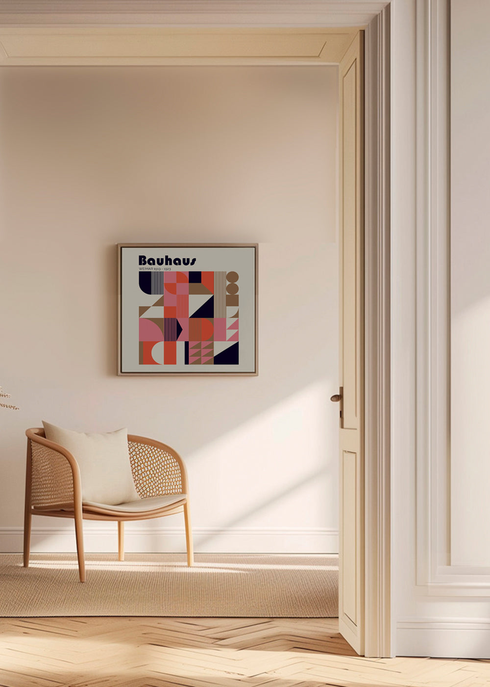 Geometrisk plakat Bauhaus koral og beige