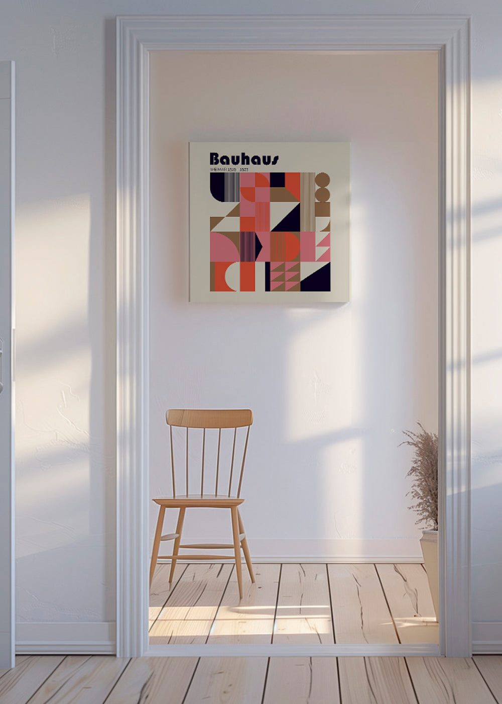 Geometrisk plakat Bauhaus koral og beige
