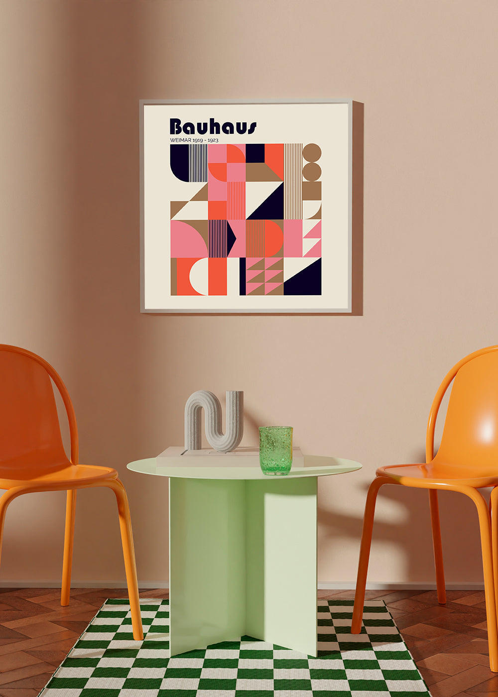 Geometrisk plakat Bauhaus koral og beige