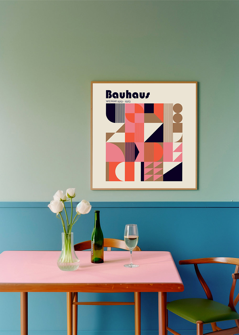 Geometrisk plakat Bauhaus koral og beige