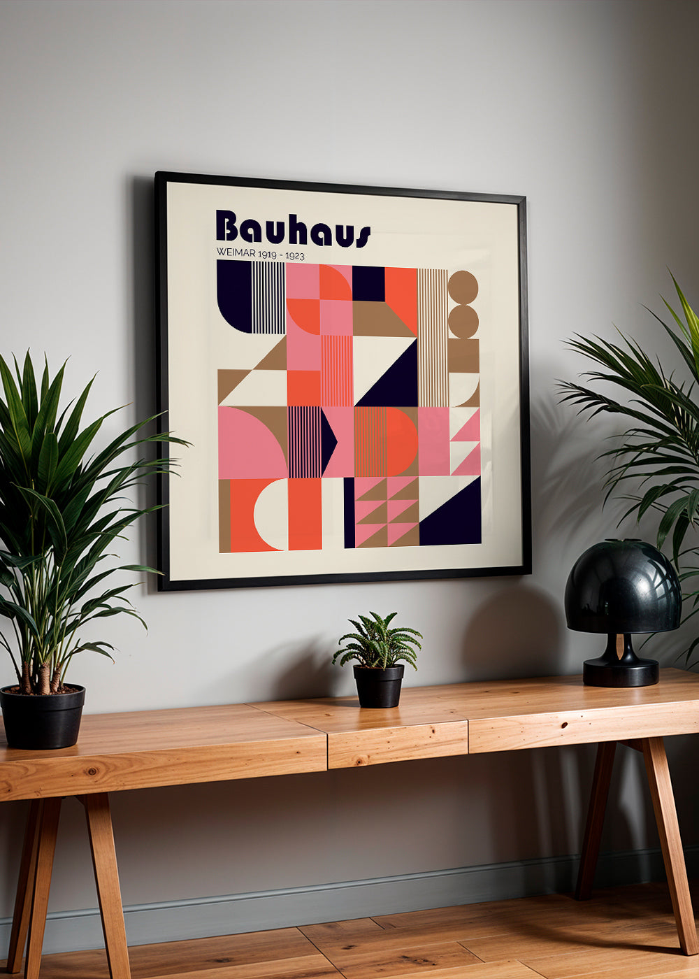 Geometrisk plakat Bauhaus koral og beige