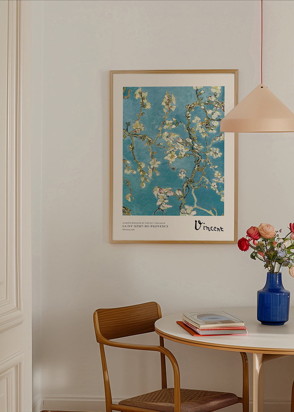 Botanisk plakat mandelgrene på blå baggrund