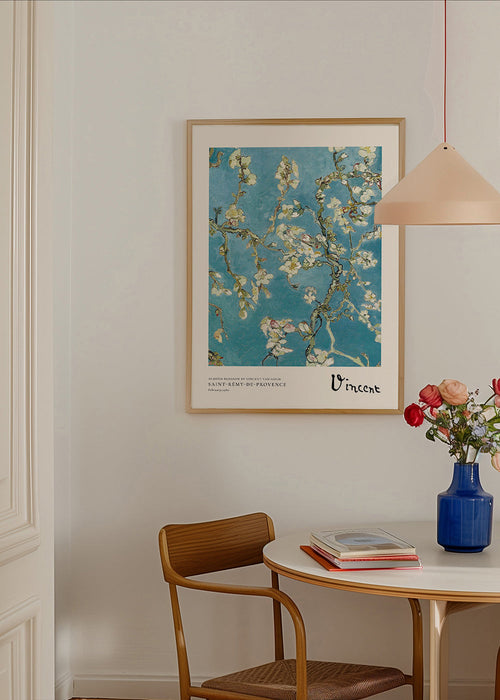 Botanisk plakat mandelgrene på blå baggrund