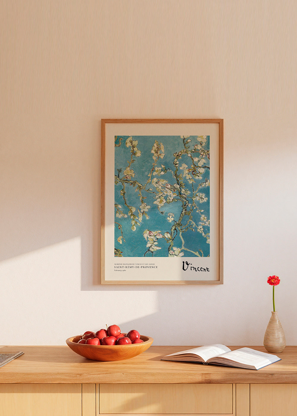 Botanisk plakat mandelgrene på blå baggrund