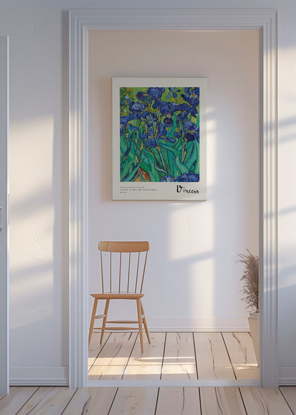 Botanisk plakat: blå iris med ekspressive penselstrøg
