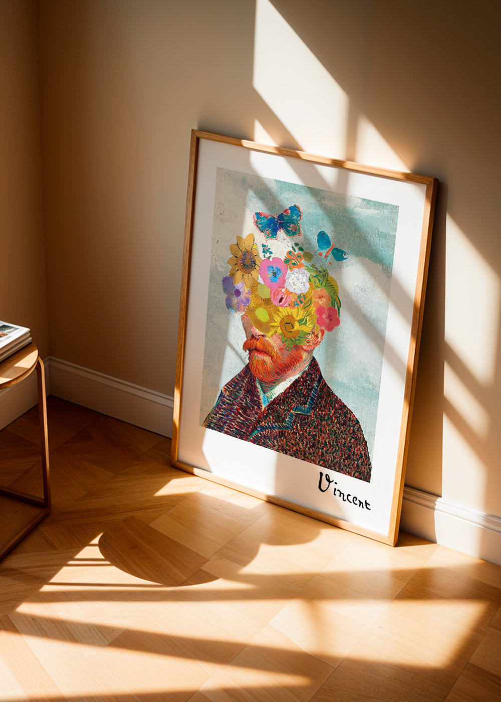 Botanisk plakat blomsterportræt med sommerfugle