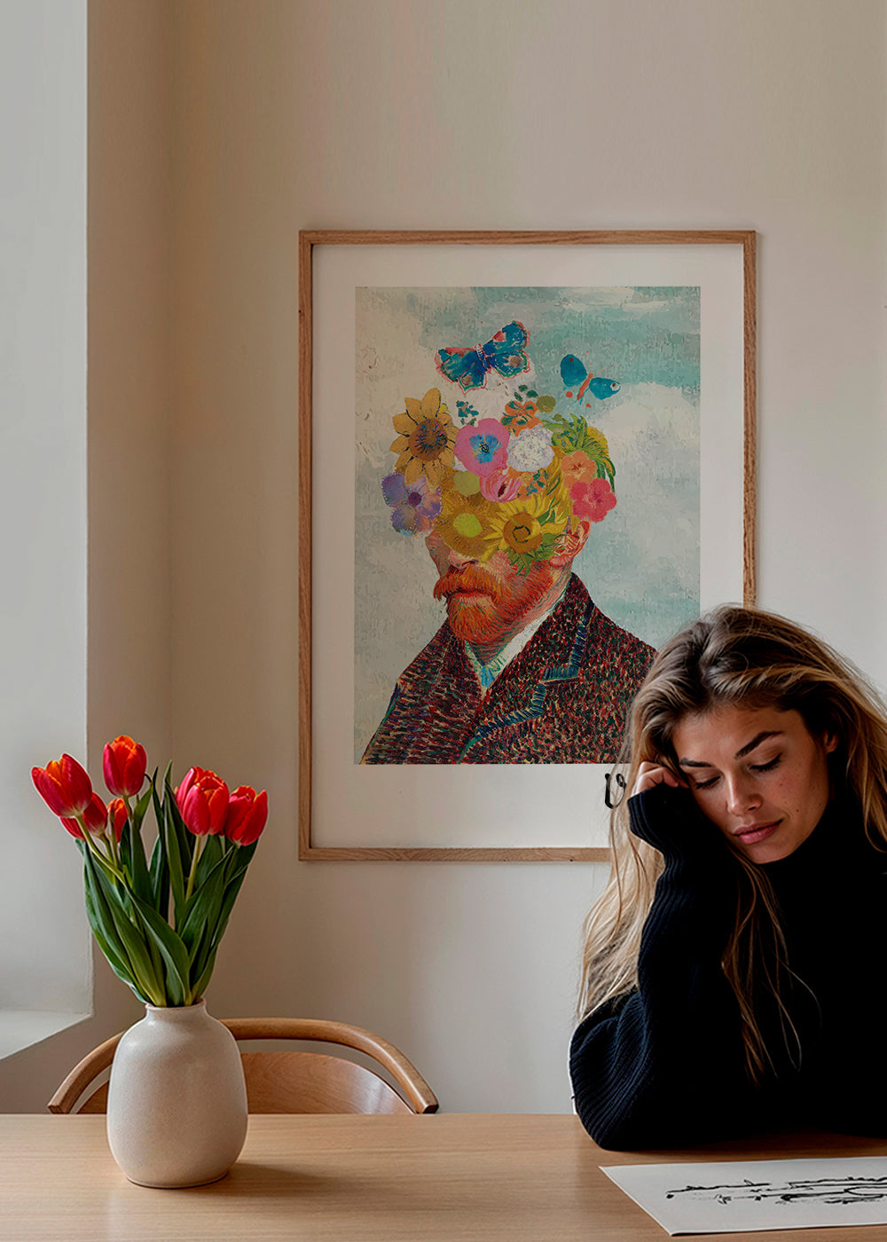 Botanisk plakat blomsterportræt med sommerfugle