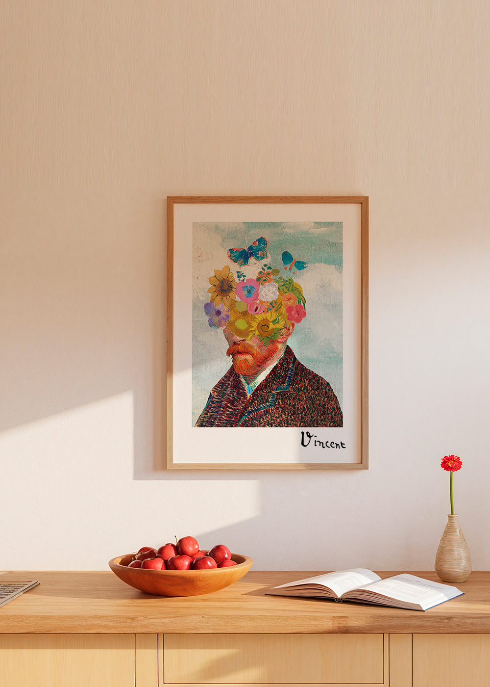 Botanisk plakat blomsterportræt med sommerfugle