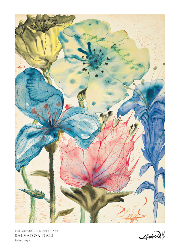 Botanisk plakat Dali blomster i akvarel