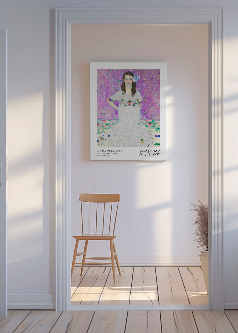 Illustration af pige i hvid kjole med blomsterkrans