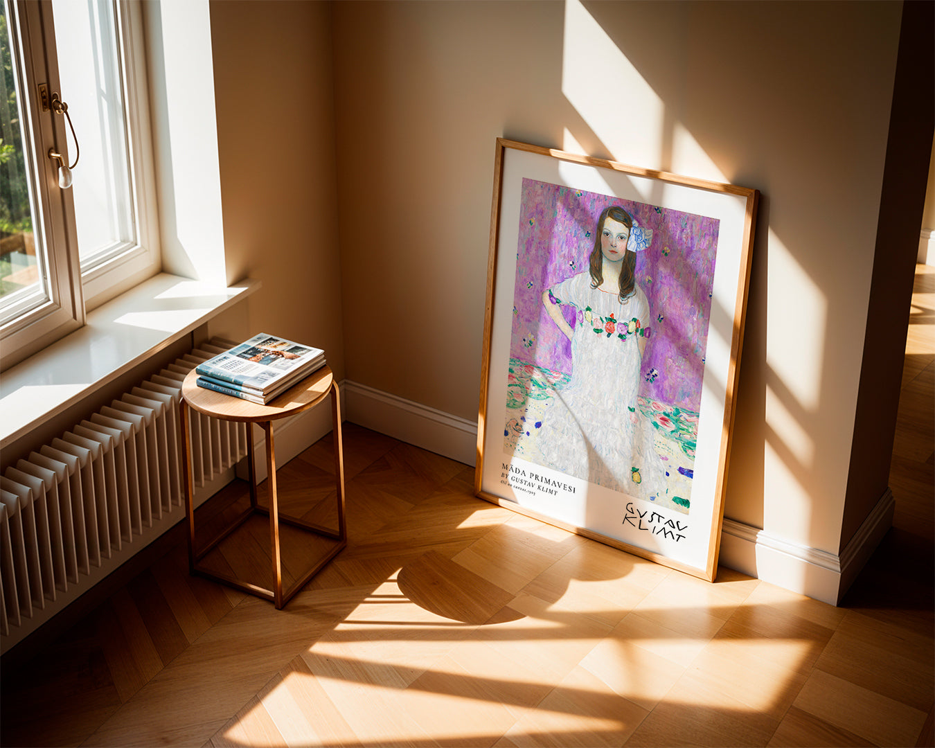 Illustration af pige i hvid kjole med blomsterkrans