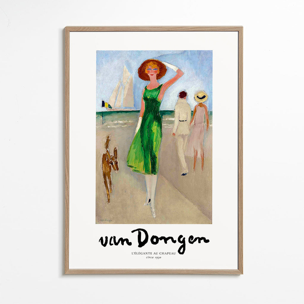 Vintage plakat kvinde på stranden grøn kjole