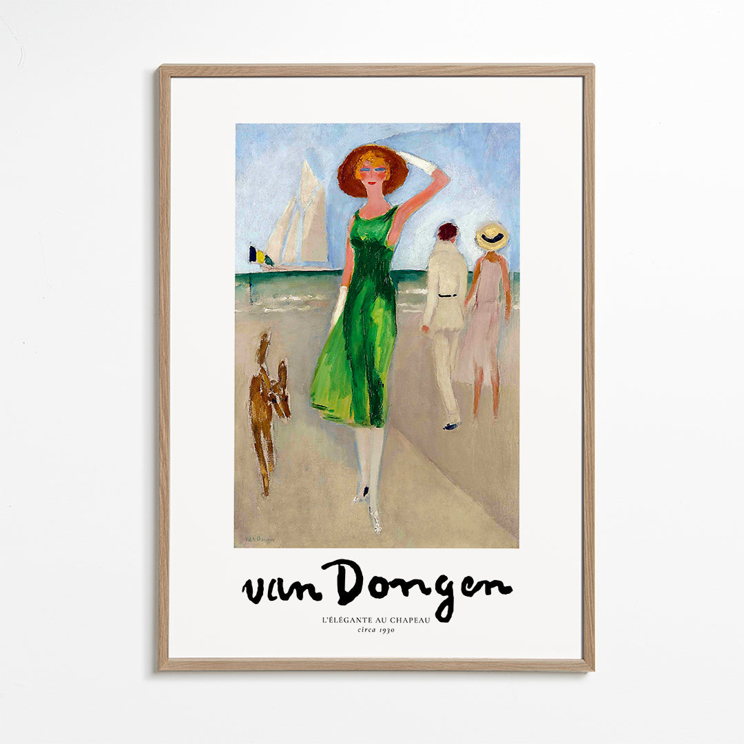 Vintage plakat kvinde på stranden grøn kjole
