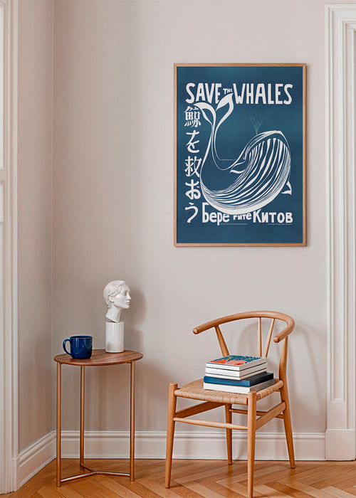 Vintage plakat hval illustration i blå