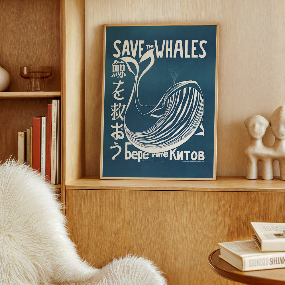 Vintage plakat hval illustration i blå