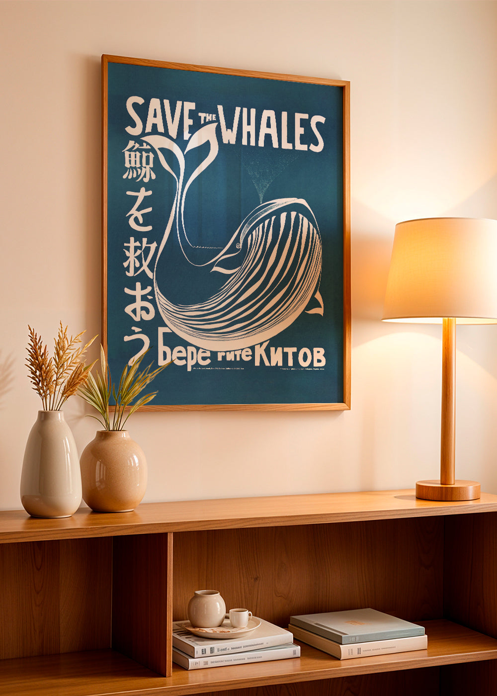 Vintage plakat hval illustration i blå