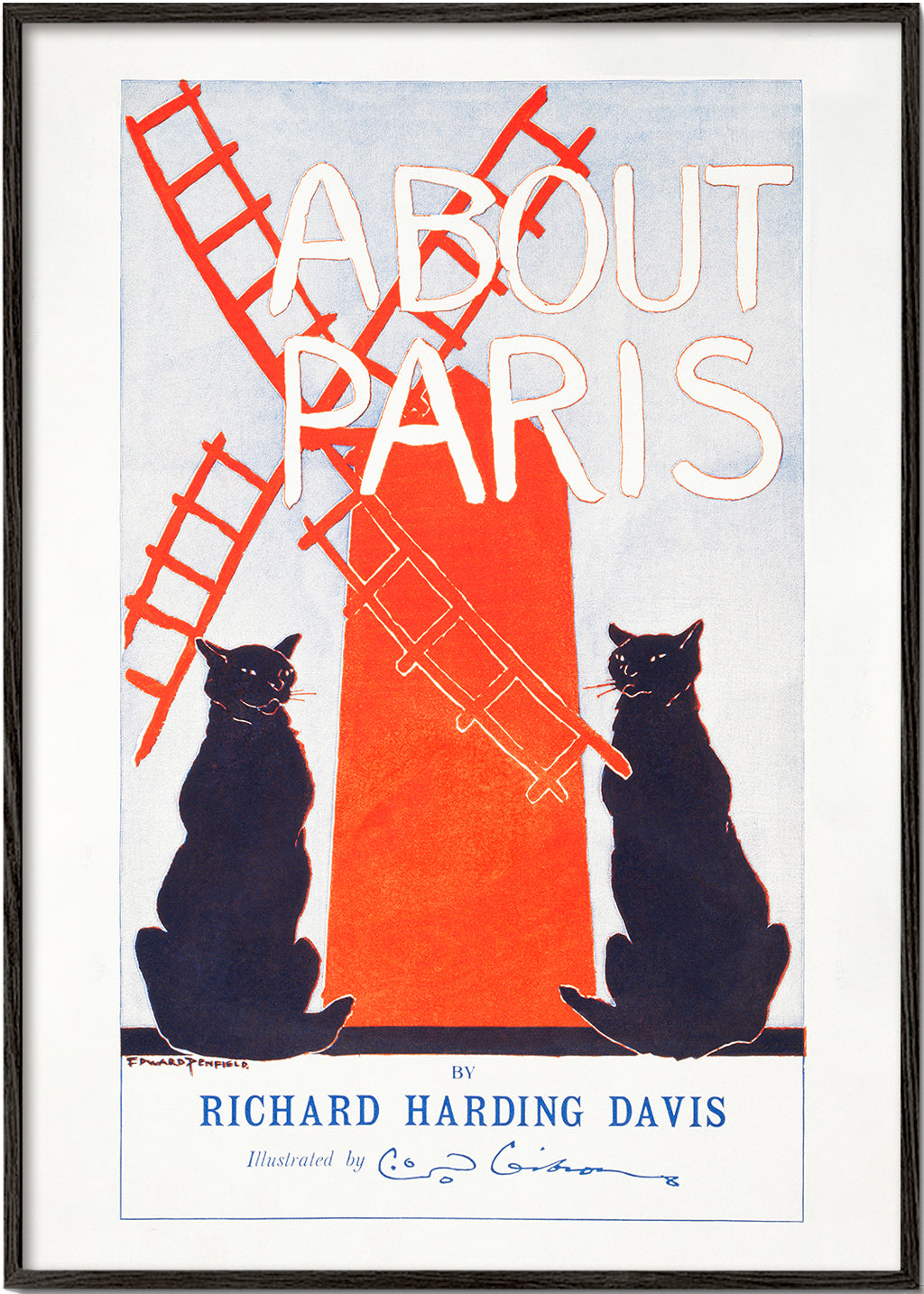 Vintage plakat About Paris med katte og vindmølle
