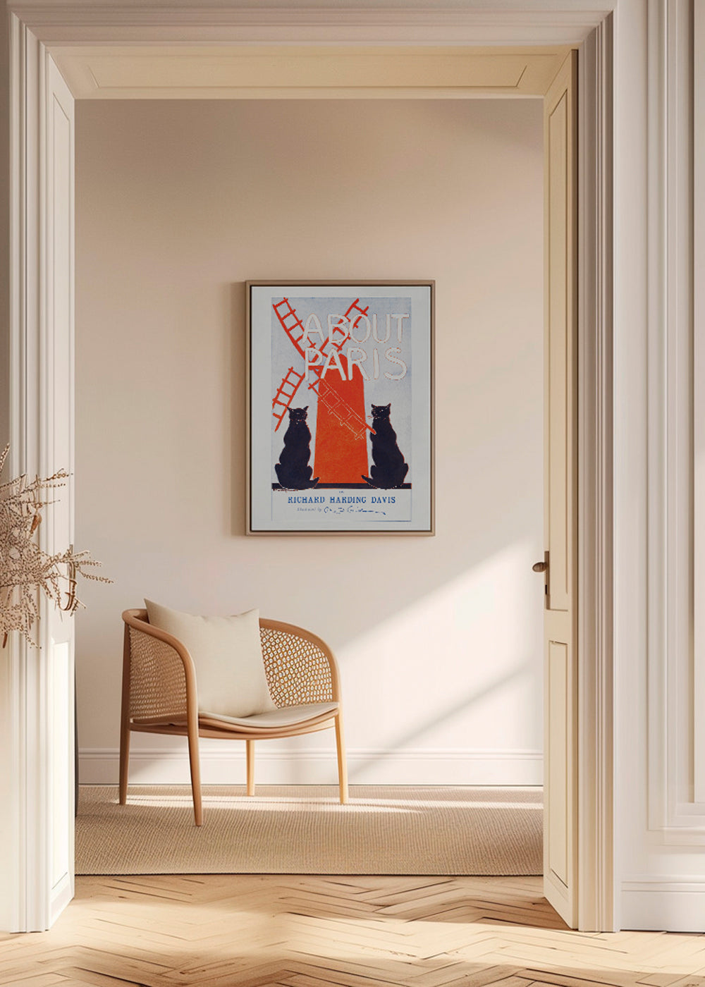 Vintage plakat About Paris med katte og vindmølle
