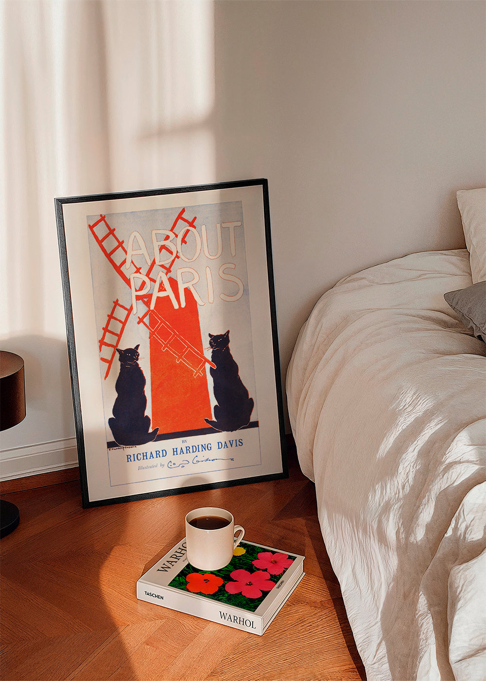 Vintage plakat About Paris med katte og vindmølle