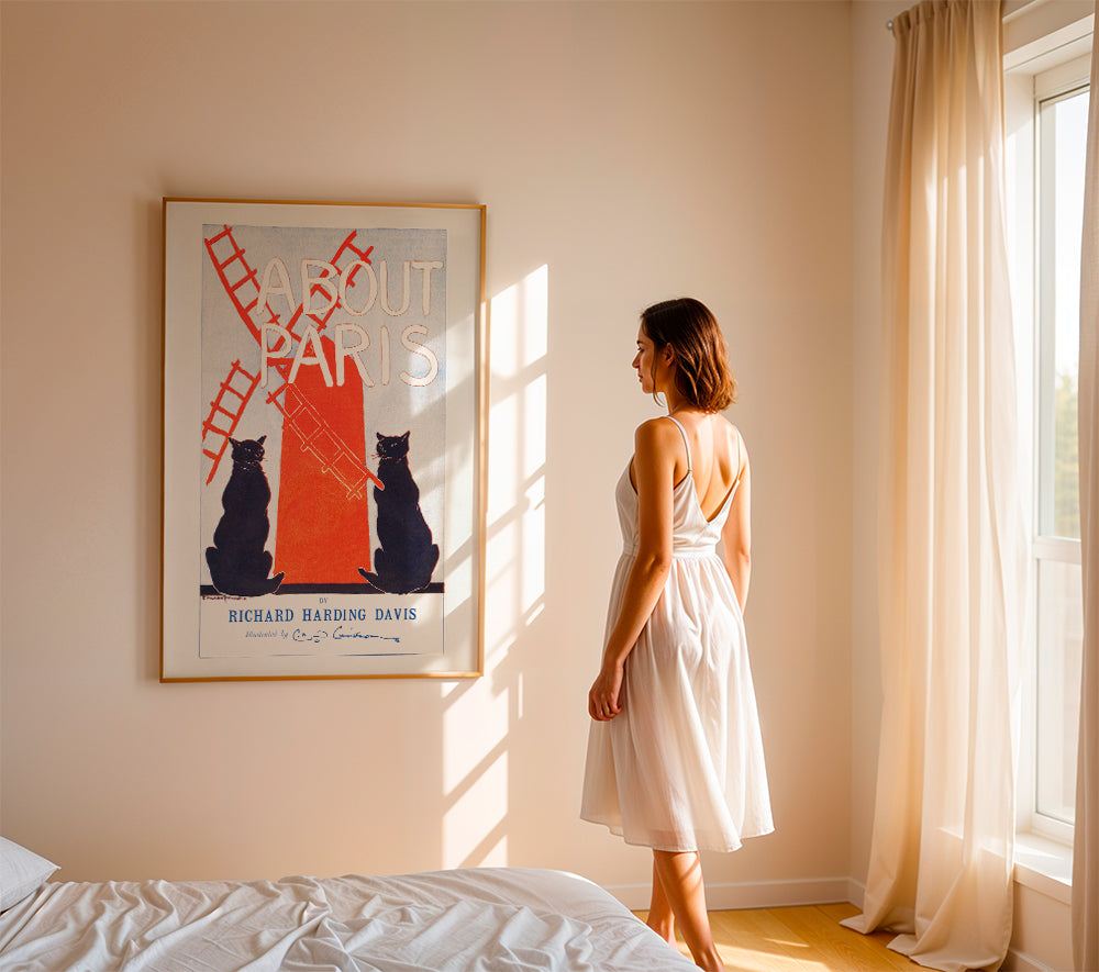 Vintage plakat About Paris med katte og vindmølle