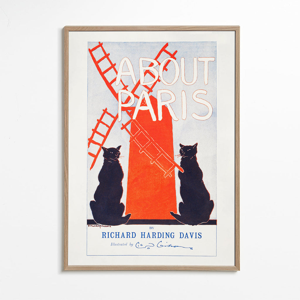 Vintage plakat About Paris med katte og vindmølle
