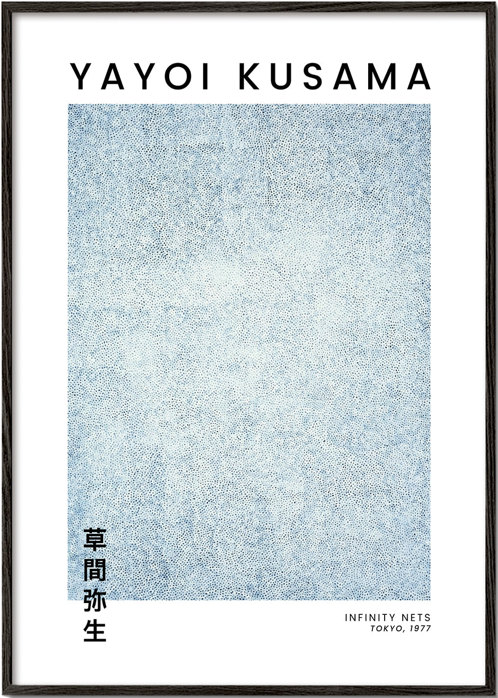Minimalistisk plakat med blå prikstruktur