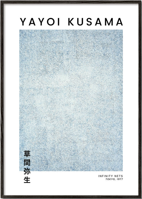Minimalistisk plakat med blå prikstruktur