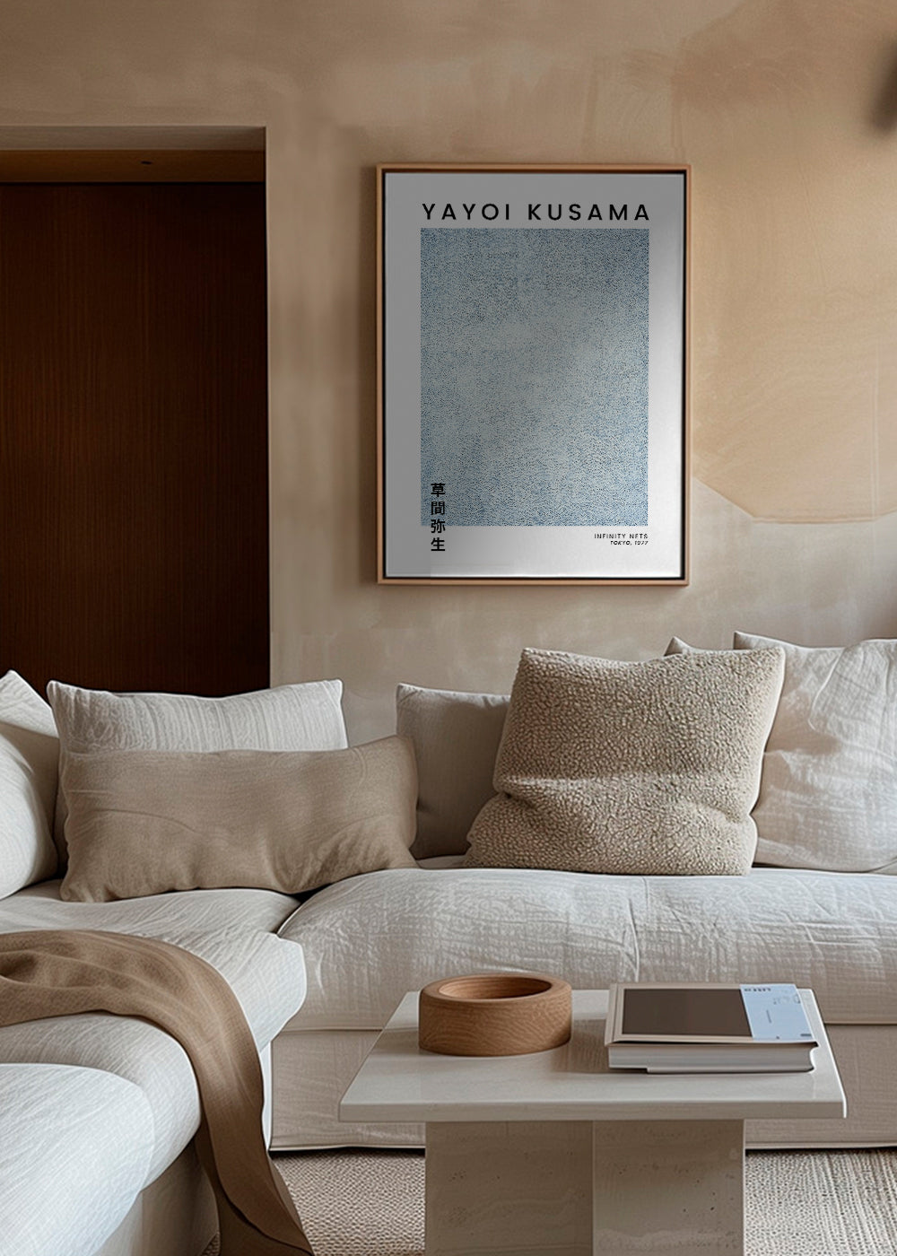 Minimalistisk plakat med blå prikstruktur