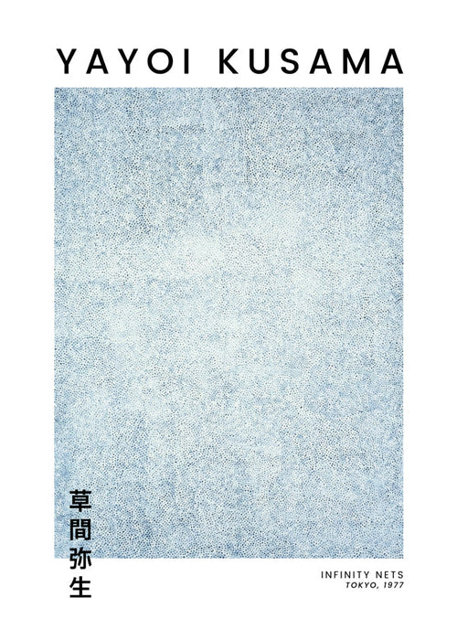 Minimalistisk plakat med blå prikstruktur
