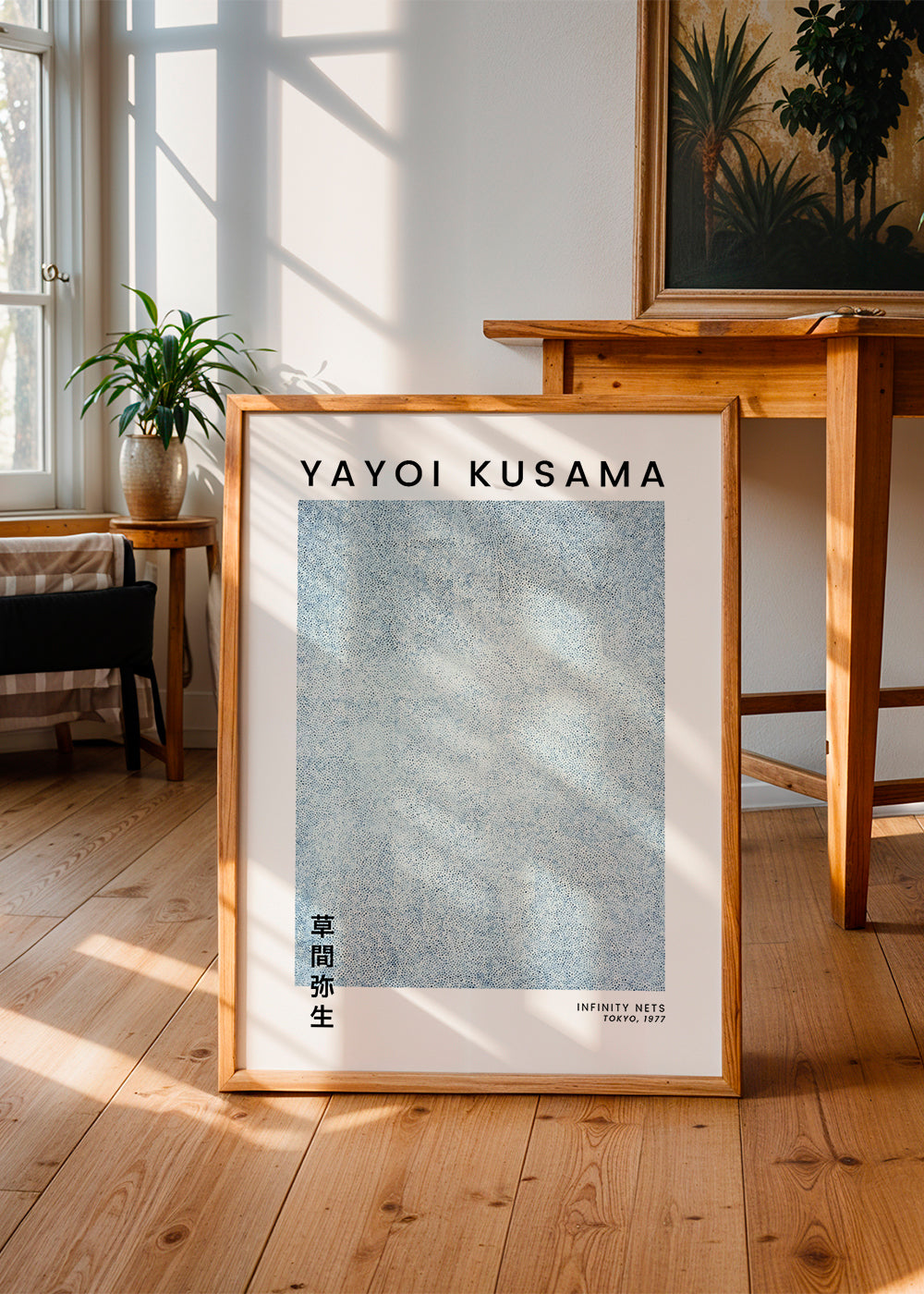 Minimalistisk plakat med blå prikstruktur