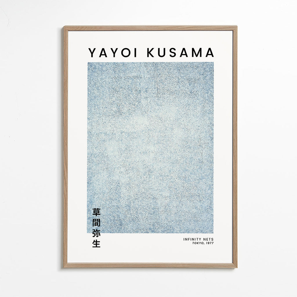 Minimalistisk plakat med blå prikstruktur