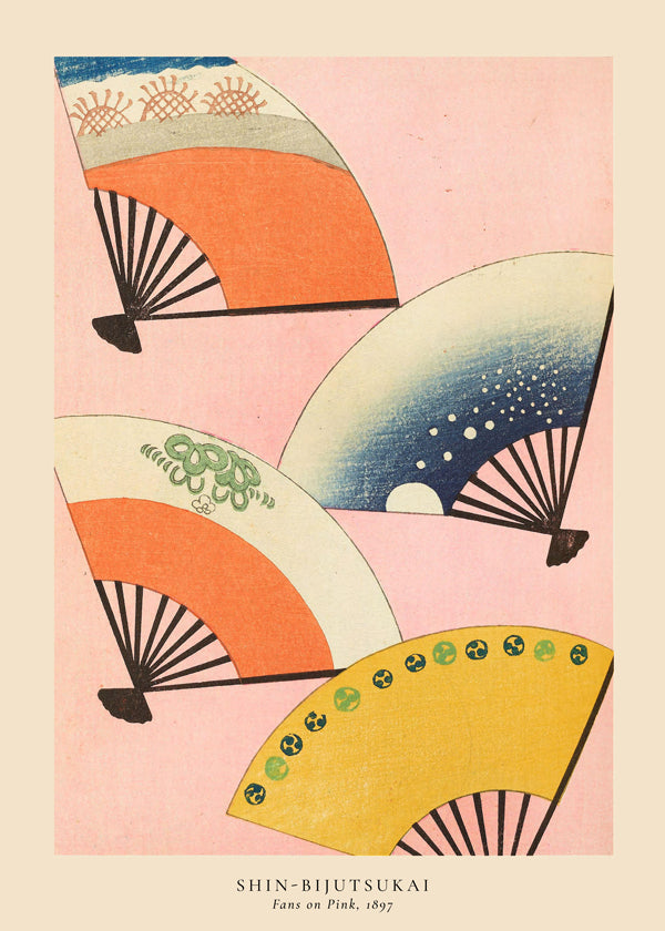 Japansk illustration med vifter på pink baggrund