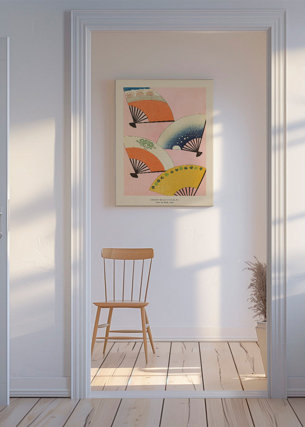 Japansk illustration med vifter på pink baggrund