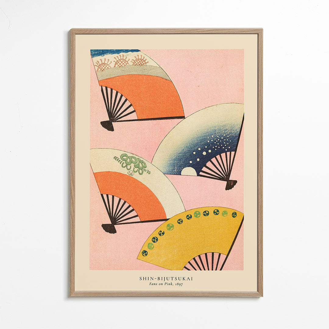 Japansk illustration med vifter på pink baggrund